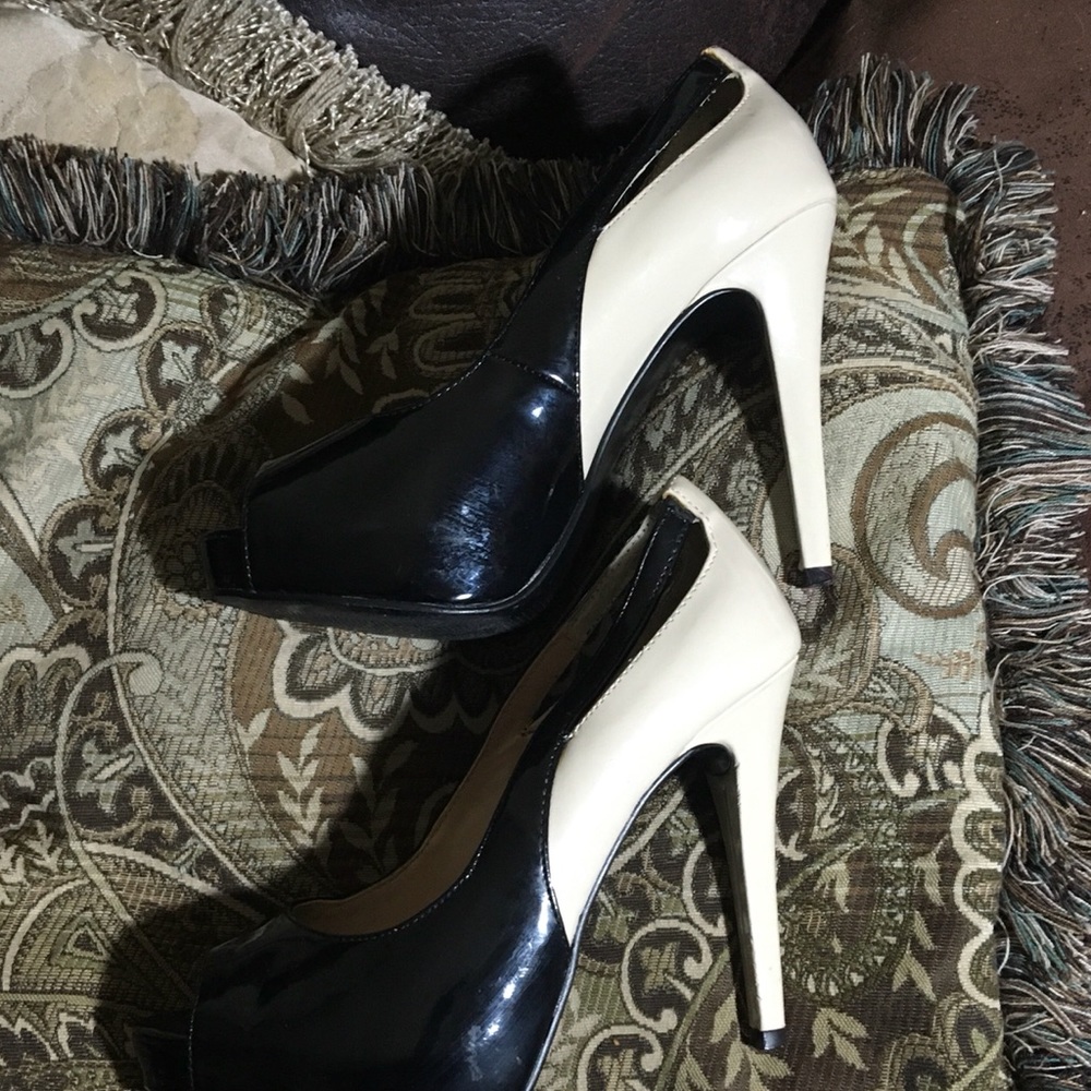 SUPER CUTE BLACK CREAM PEEP TOE SLINGBACK HIGH HEELS SHOES PATENT LEATHER